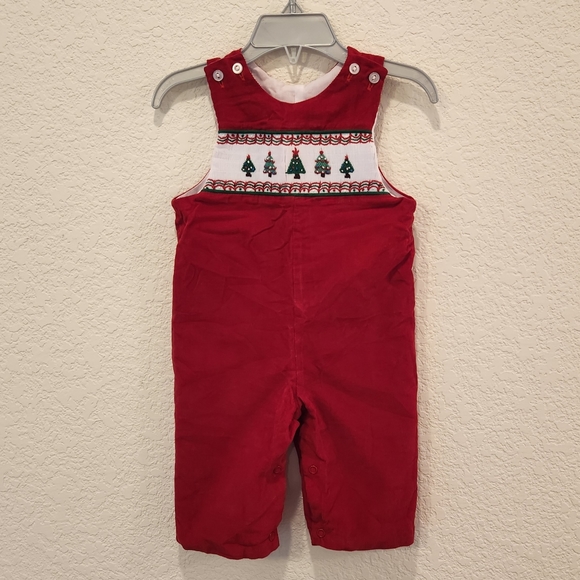 Red Corduory Jumpsuit Holiday Christmas Tree Overalls Baby Size 6M - Picture 1 of 6